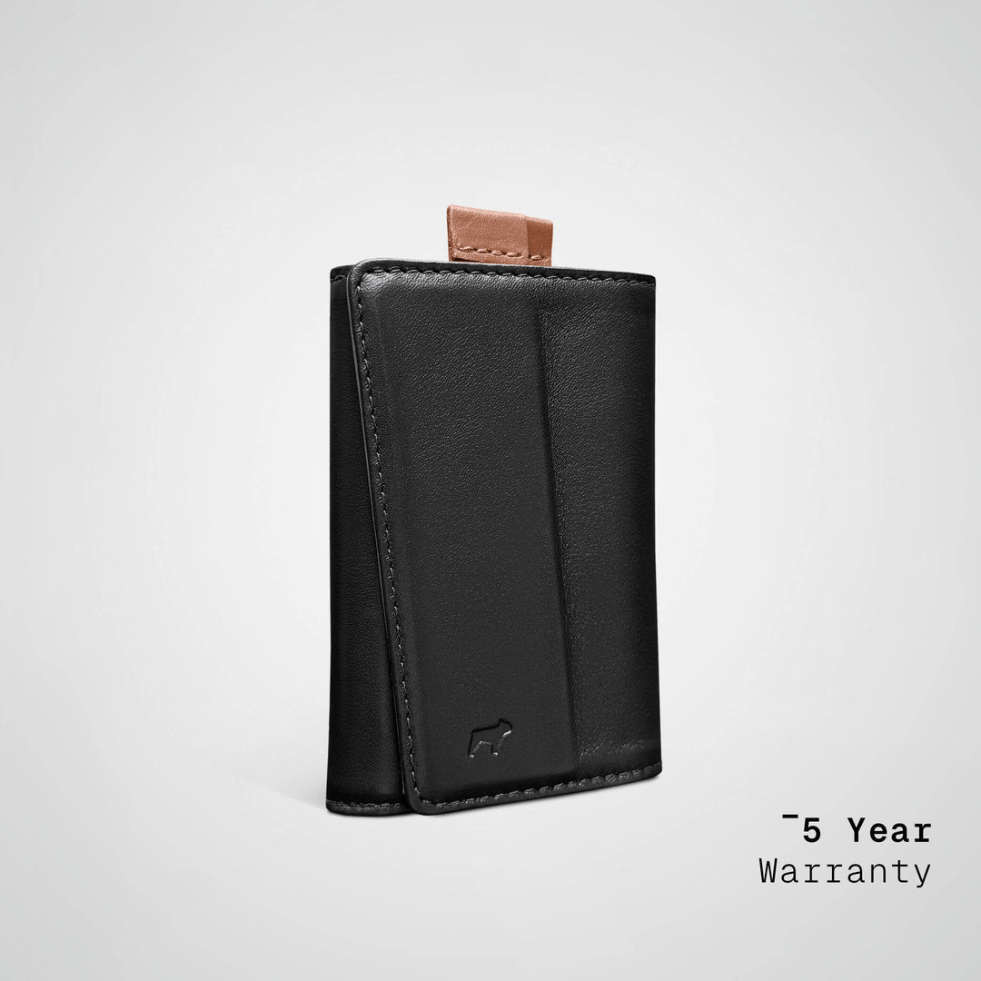 Black leather wallet with a brown pull tab on a light gray background, featuring a &