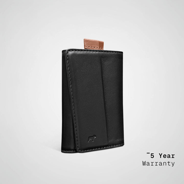 Black leather wallet with a brown pull tab on a light gray background, featuring a &