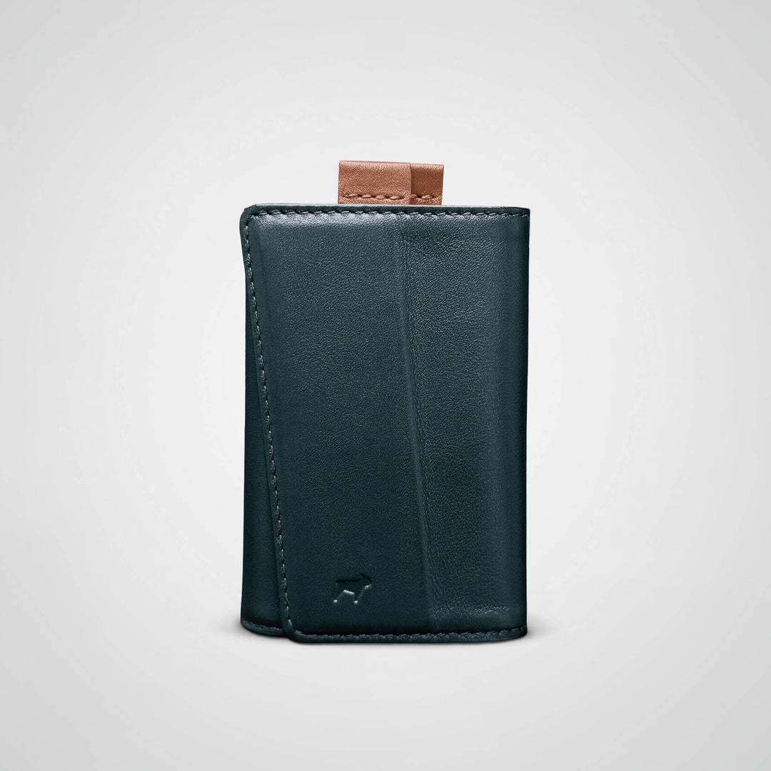 Green leather wallet with a brown pull tab on a light gray background