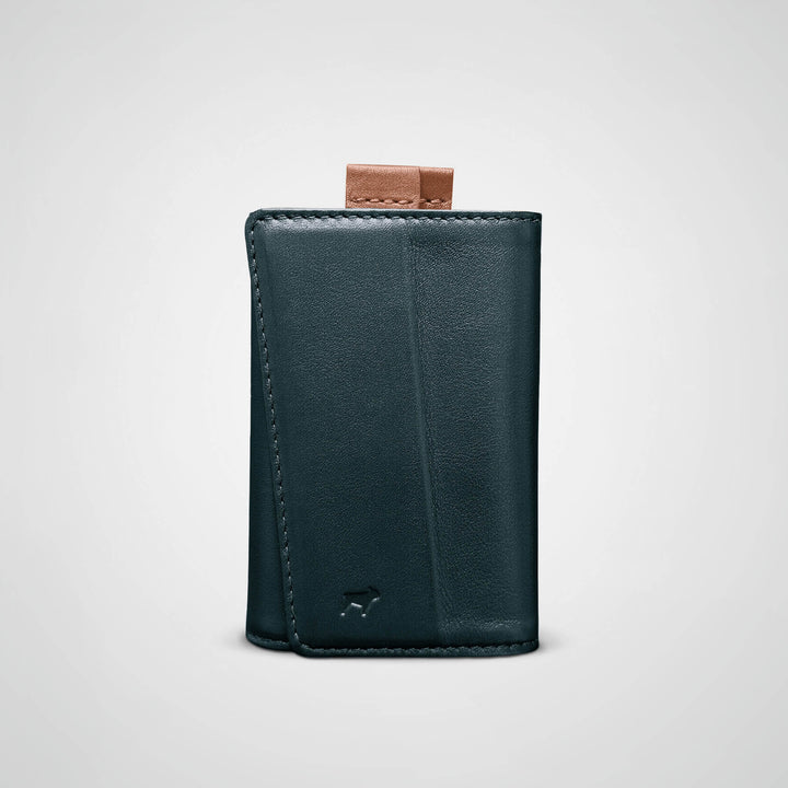 Green leather wallet with a brown pull tab on a light gray background