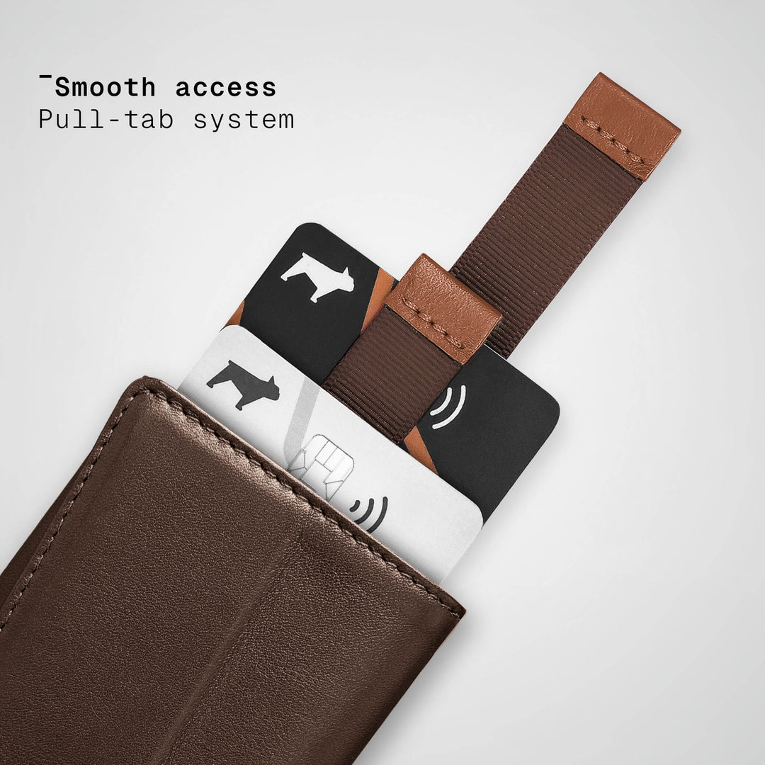 Brown leather wallet with cards and a pull-tab system on a white background
