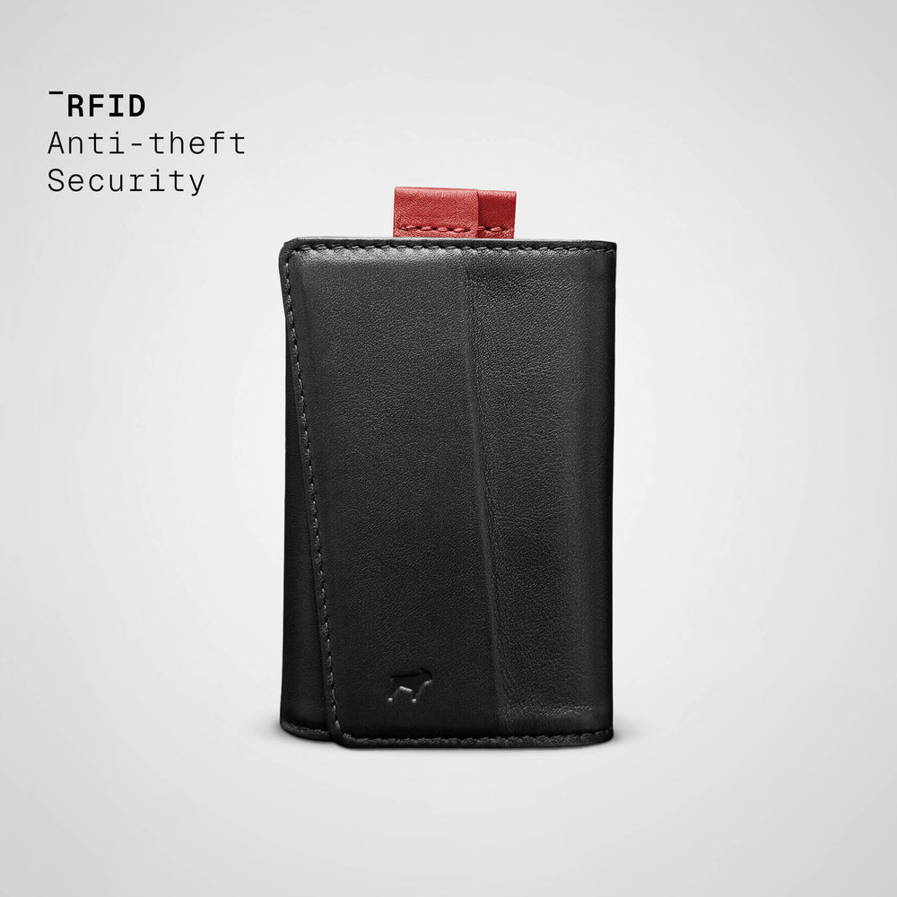 Black leather wallet with red pull tab on a light gray background, featuring 'RFID Anti-theft Security' text.