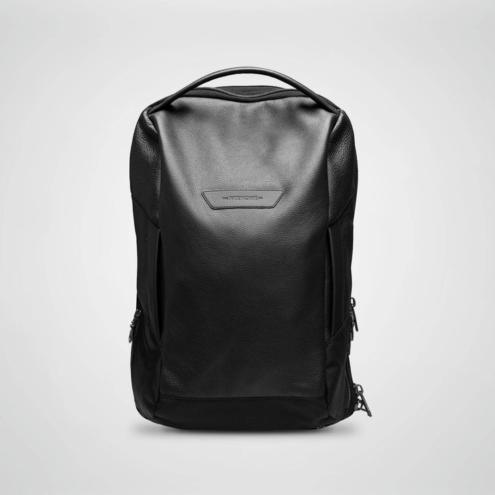 Black Vector Speed Backpack, front view in leather