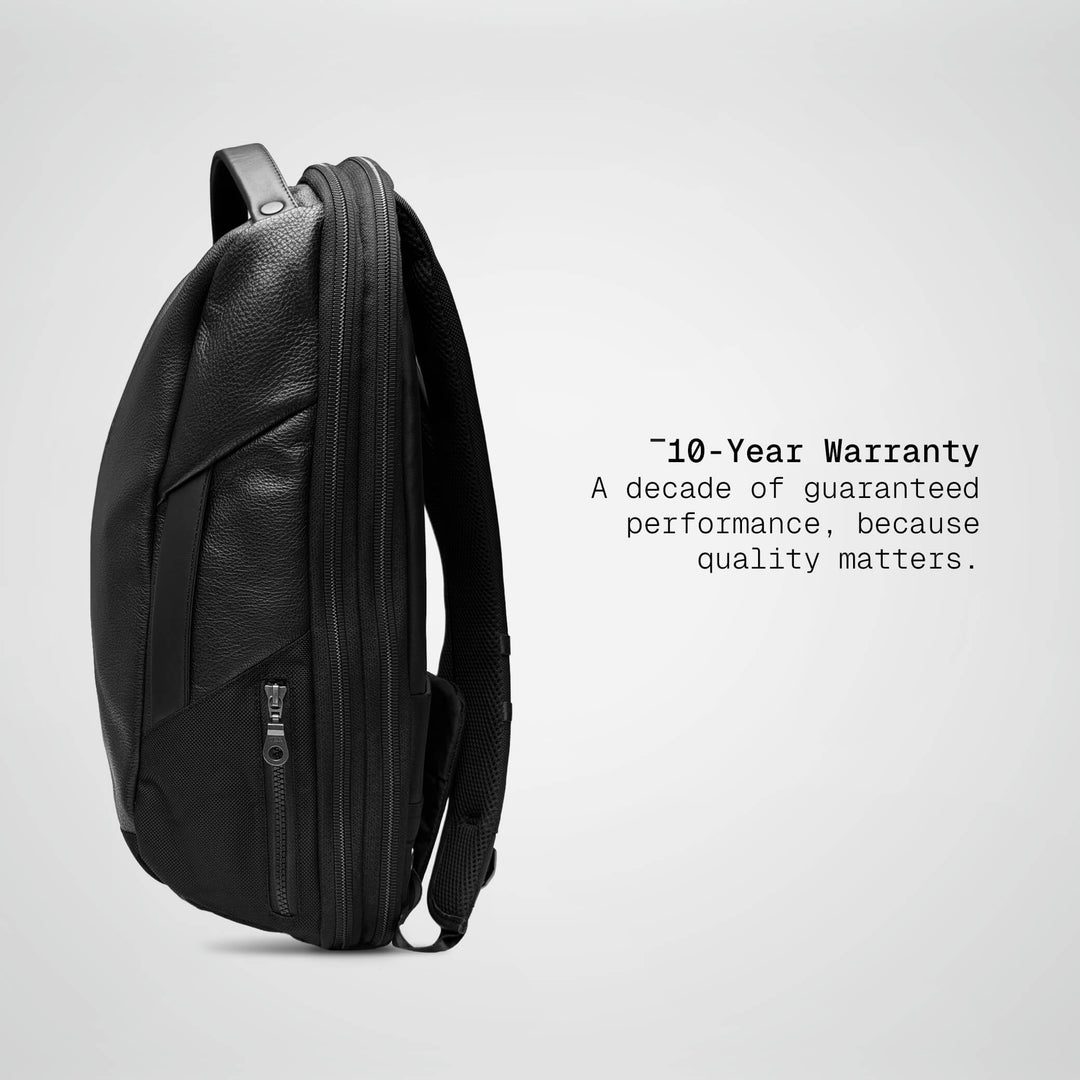 Black Vector Speed Backpack in leather, side profile showing the 16 cm depth