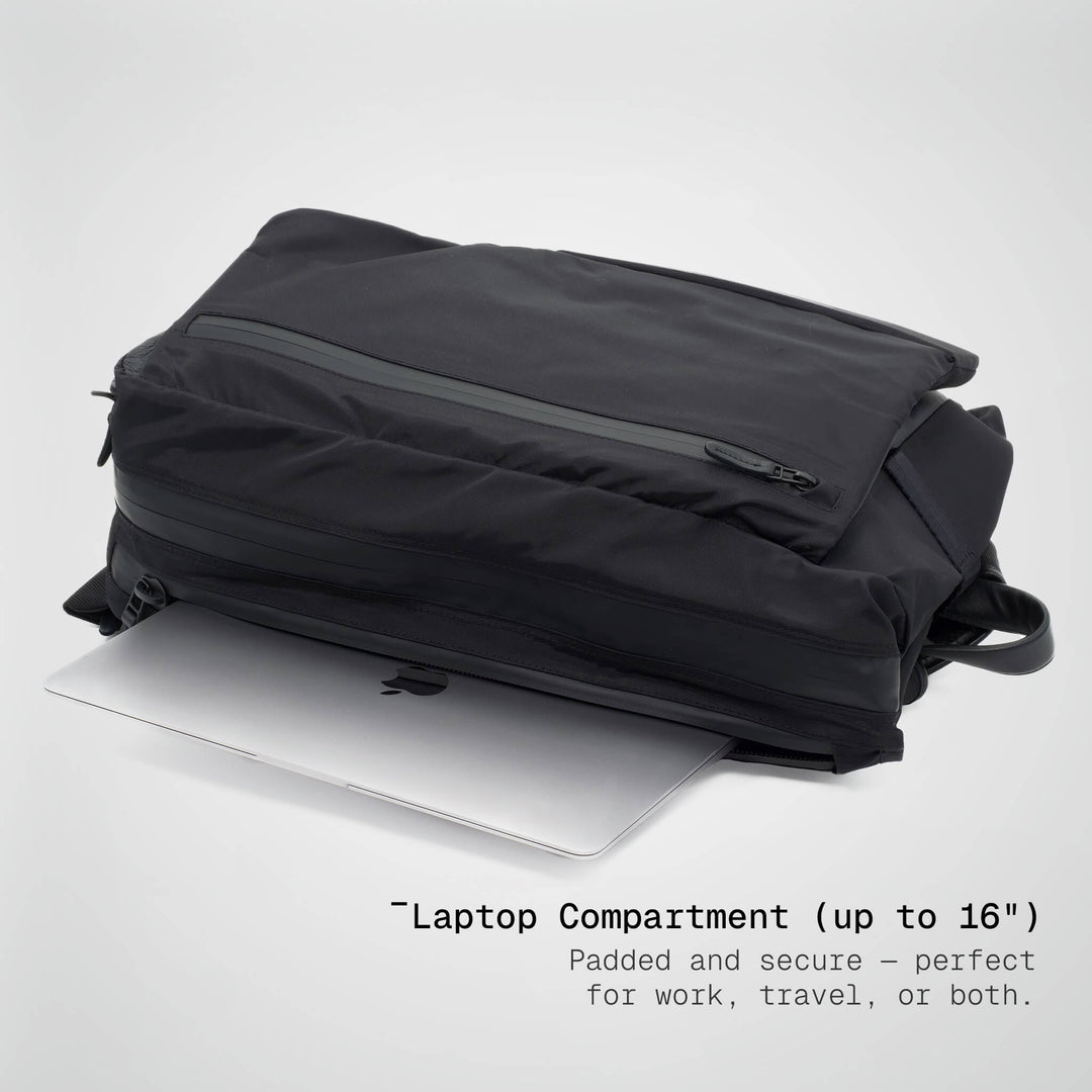 Black backpack with a laptop compartment on a white background
