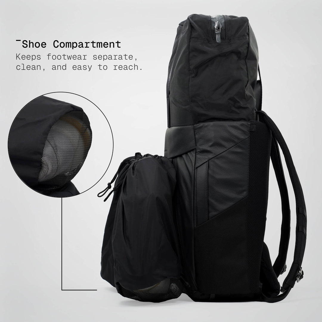 Black backpack with shoe compartment feature on a white background