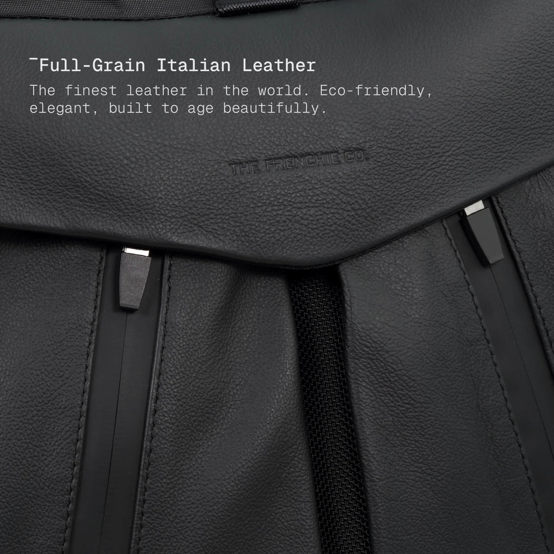Close-up of full-grain Italian leather with text and brand name.