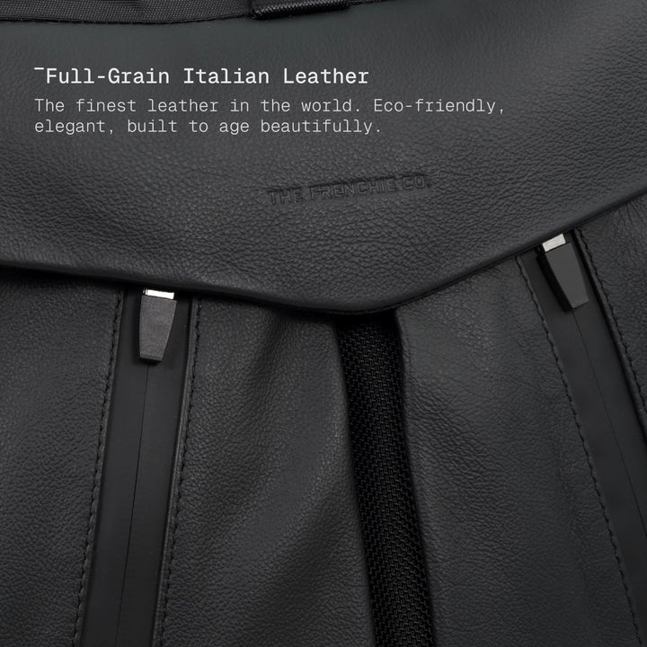 Close-up of full-grain Italian leather with text and brand name.