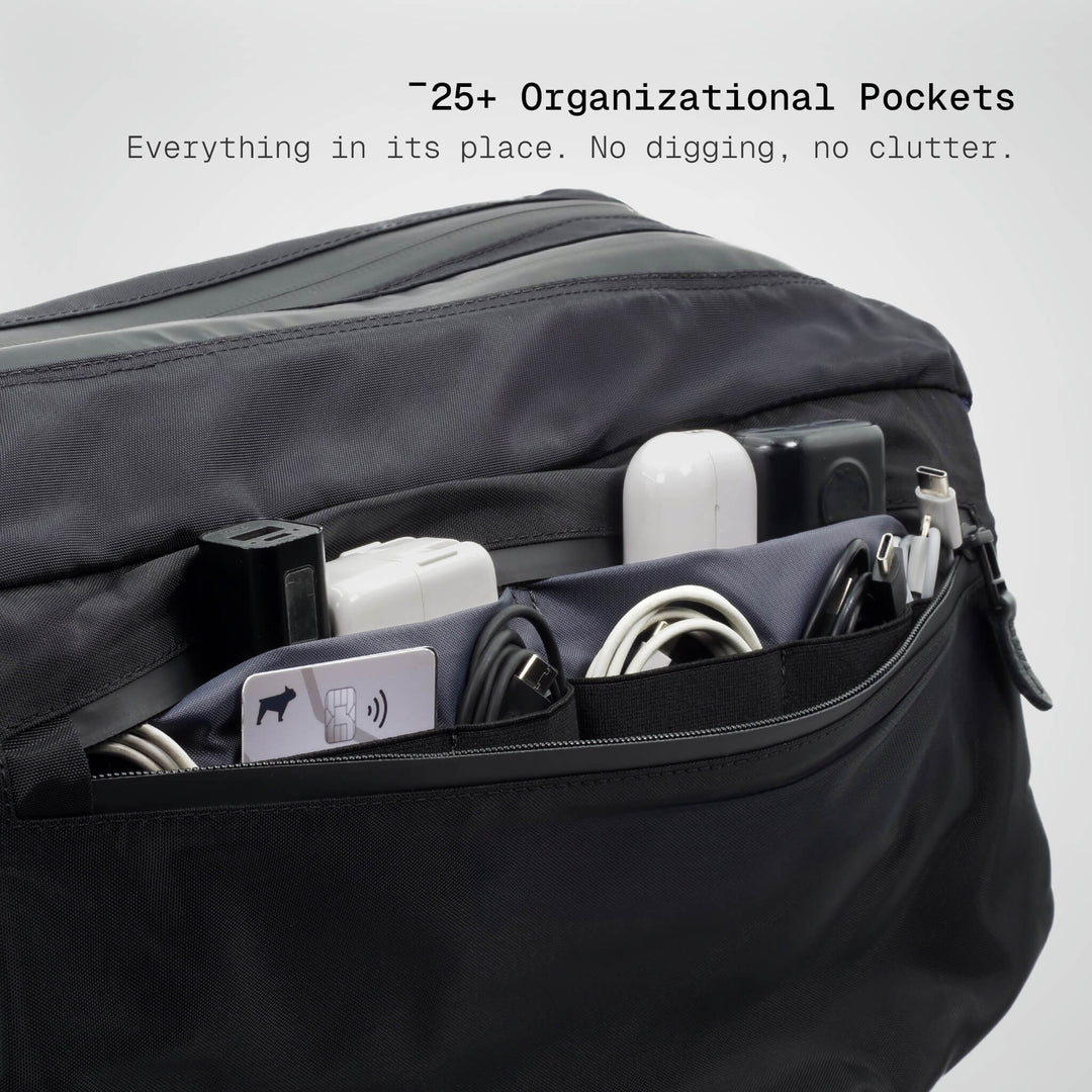 Black backpack with organized compartments and text highlighting organizational pockets.
