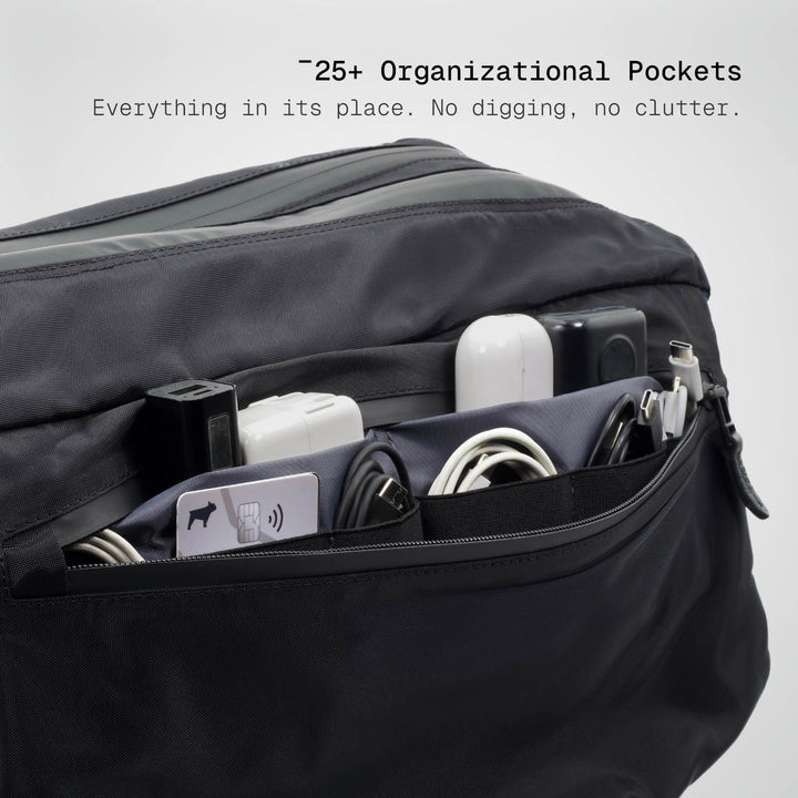 Black backpack with organized compartments and text highlighting organizational pockets.