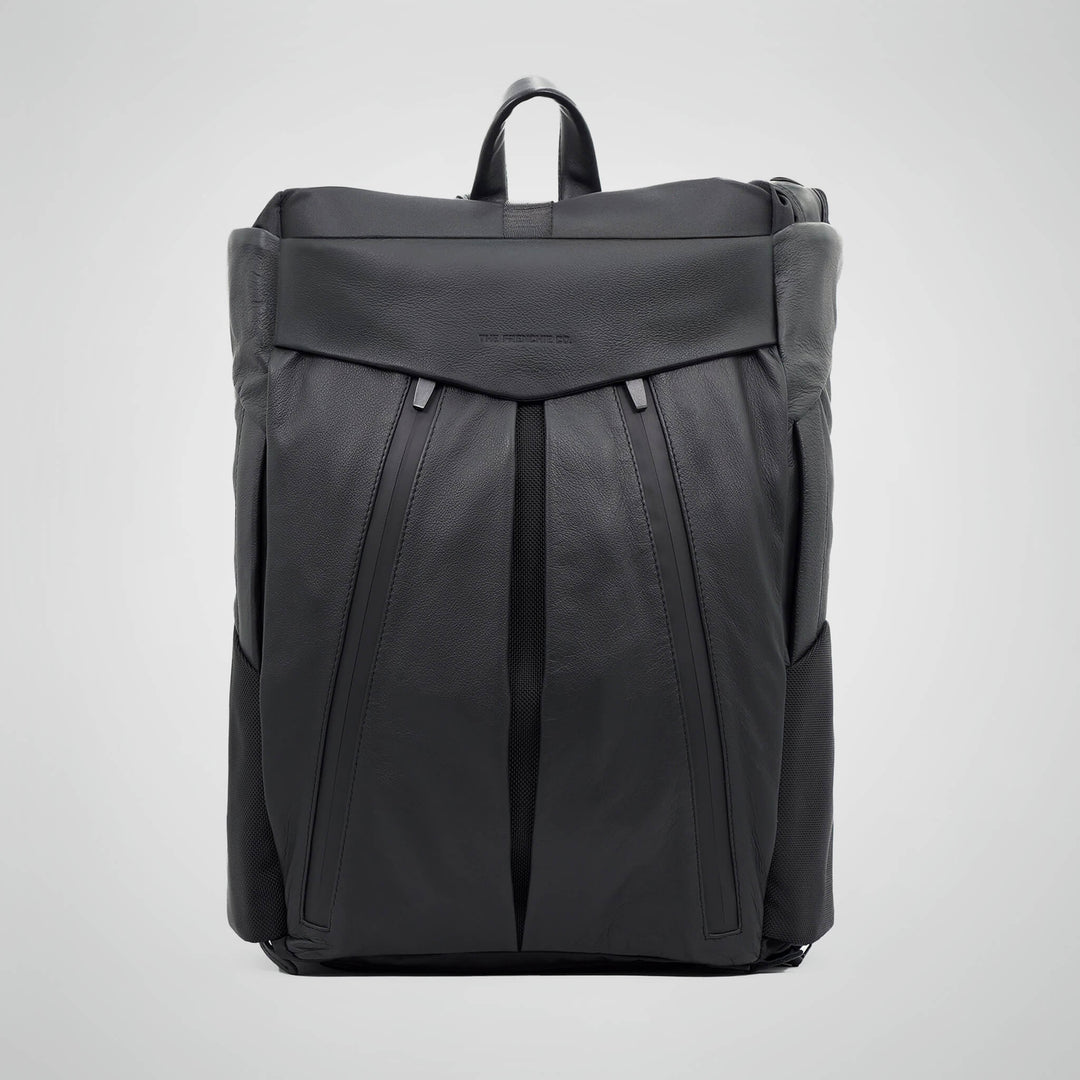 Black backpack on a light gray background