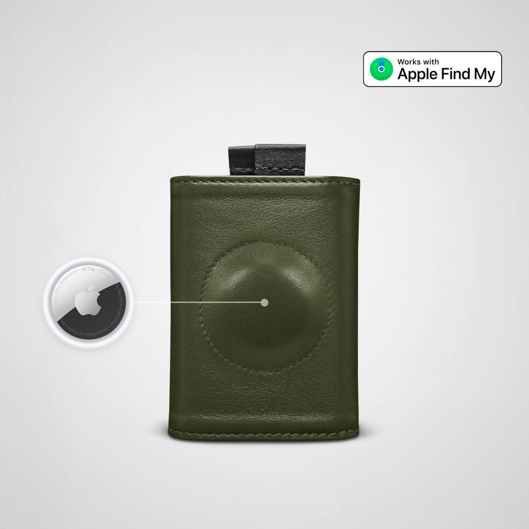 Green leather wallet with Apple Find My feature on a white background