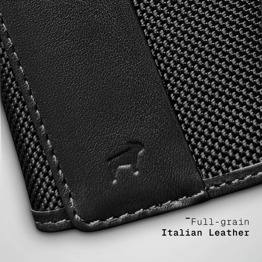 Close-up of a black leather wallet with textured back on a light gray background, featuring &