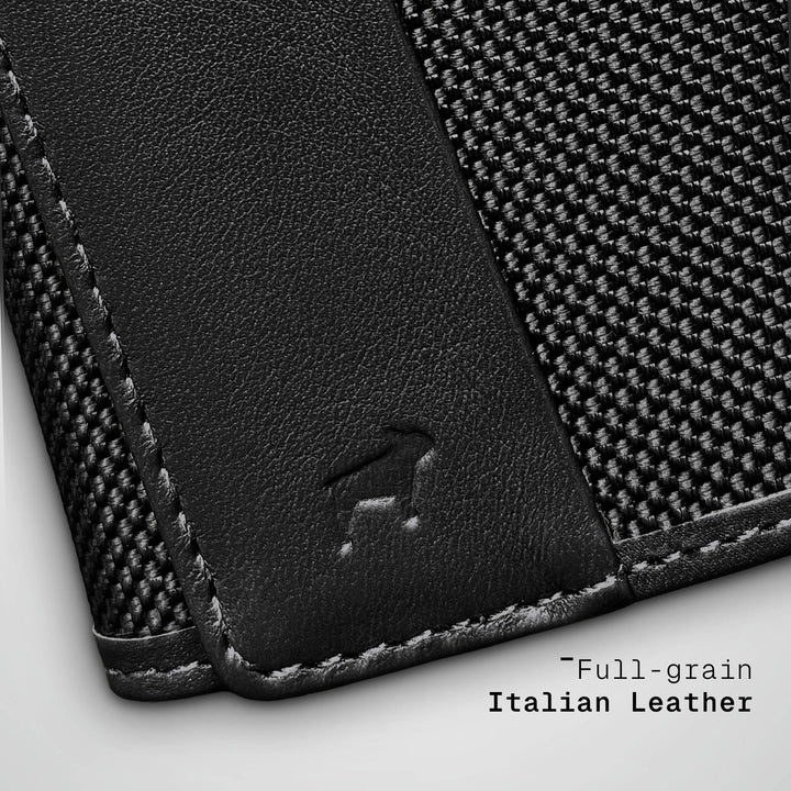 Close-up of a black leather wallet with textured back on a light gray background, featuring &