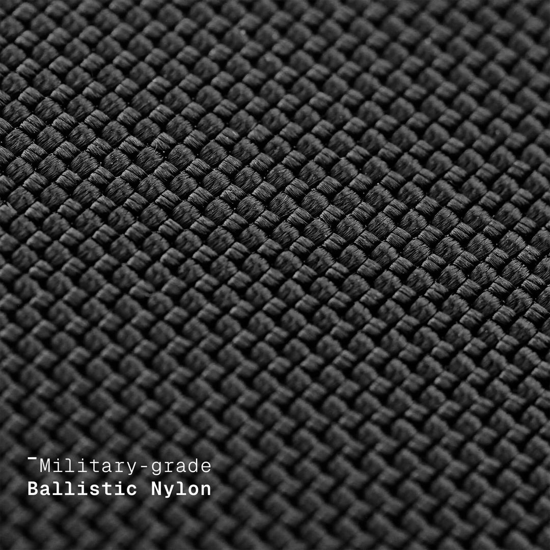 Close-up of military-grade ballistic nylon fabric with text overlay