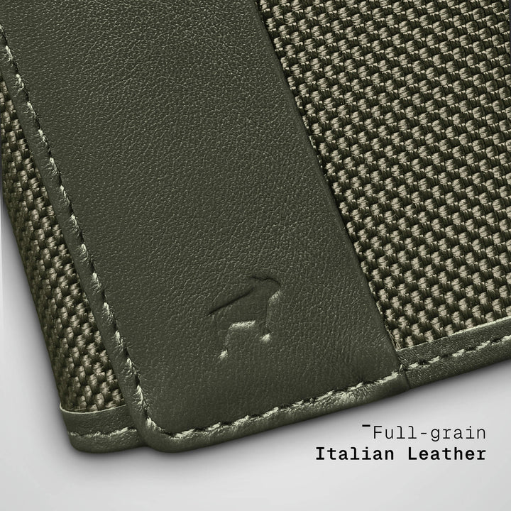 Green leather wallet with textured fabric backing on a light gray background