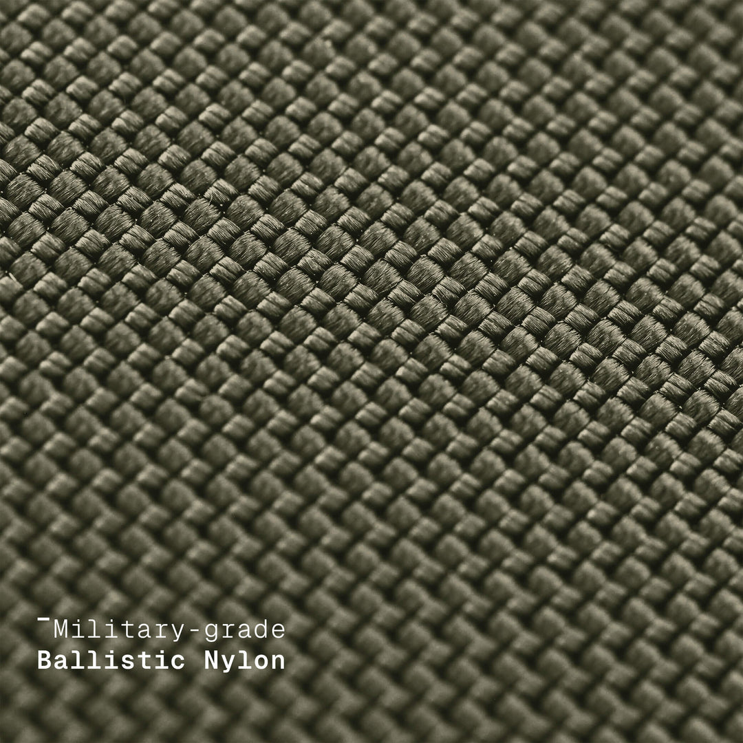 Close-up of military-grade ballistic nylon fabric with text overlay