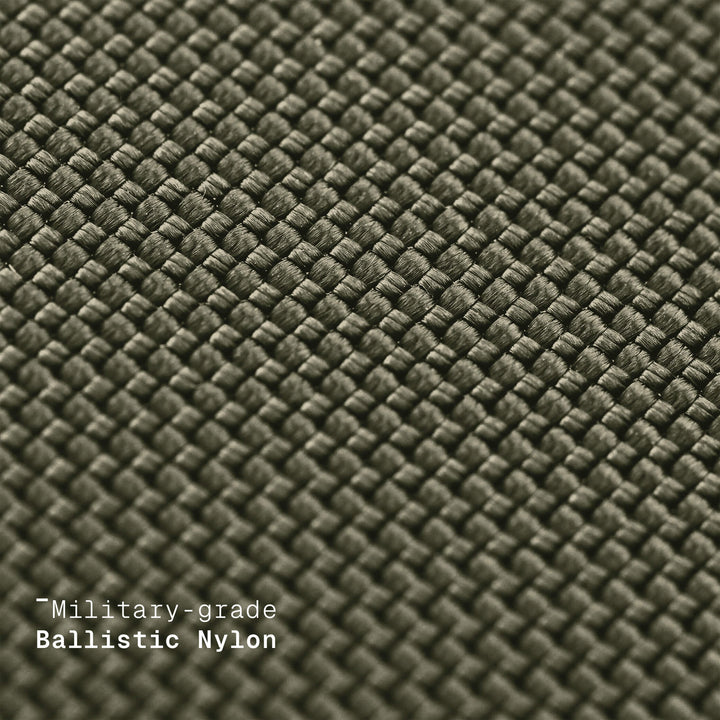 Close-up of military-grade ballistic nylon fabric with text overlay