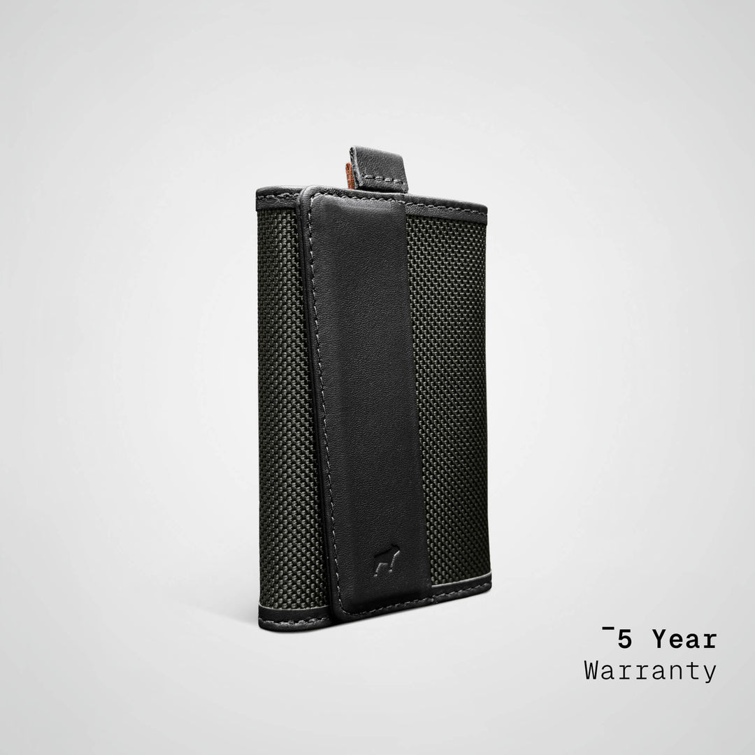 Black leather wallet on a light gray background with &