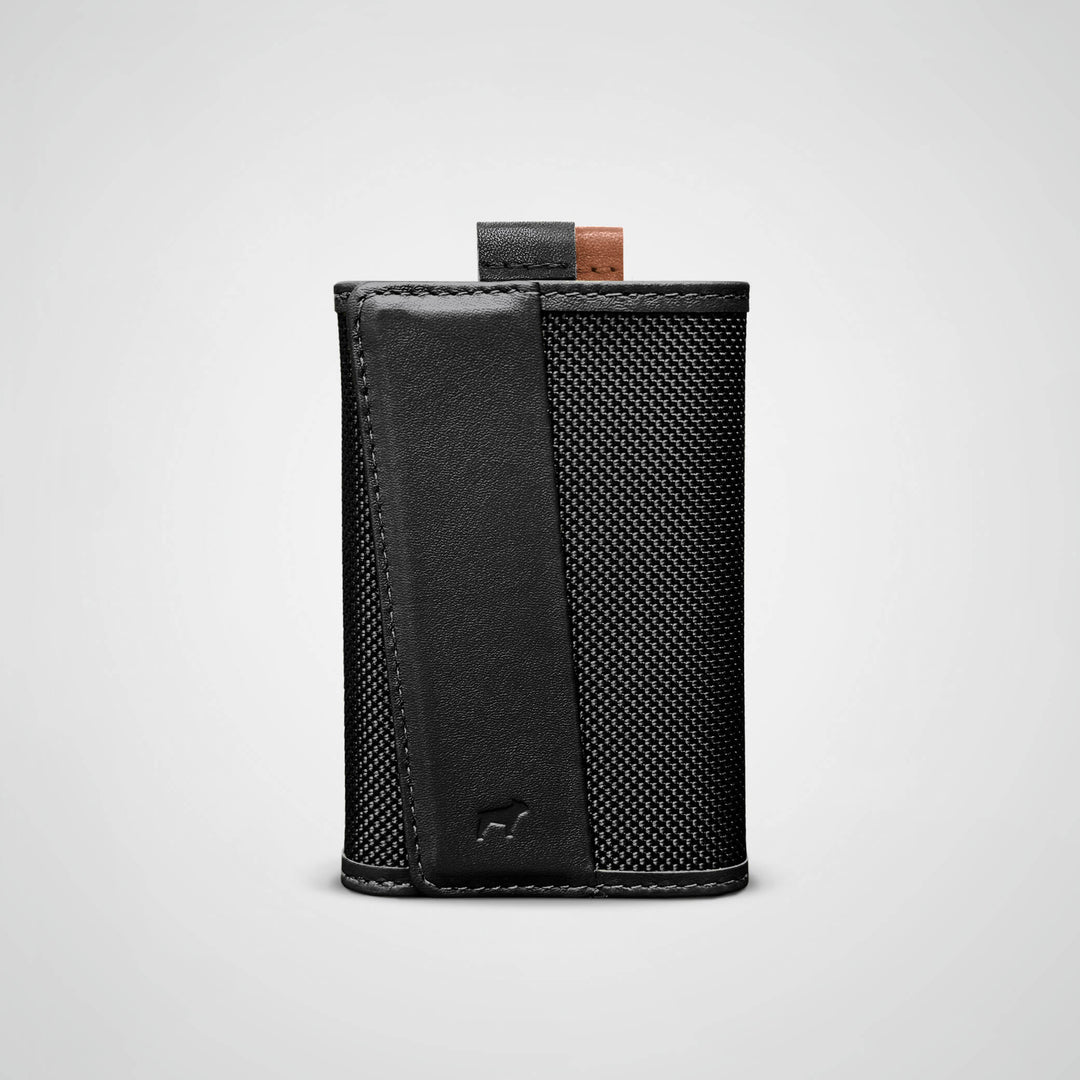 Black leather wallet with textured pattern on a light gray background