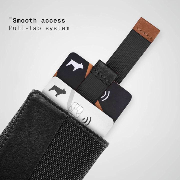 Black cardholder with pull-tab system on a white background
