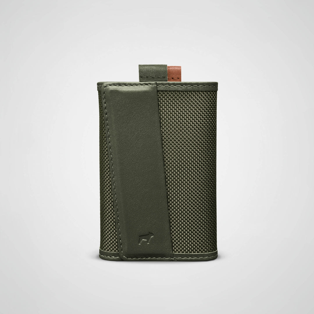 Green leather wallet with textured pattern on a light gray background