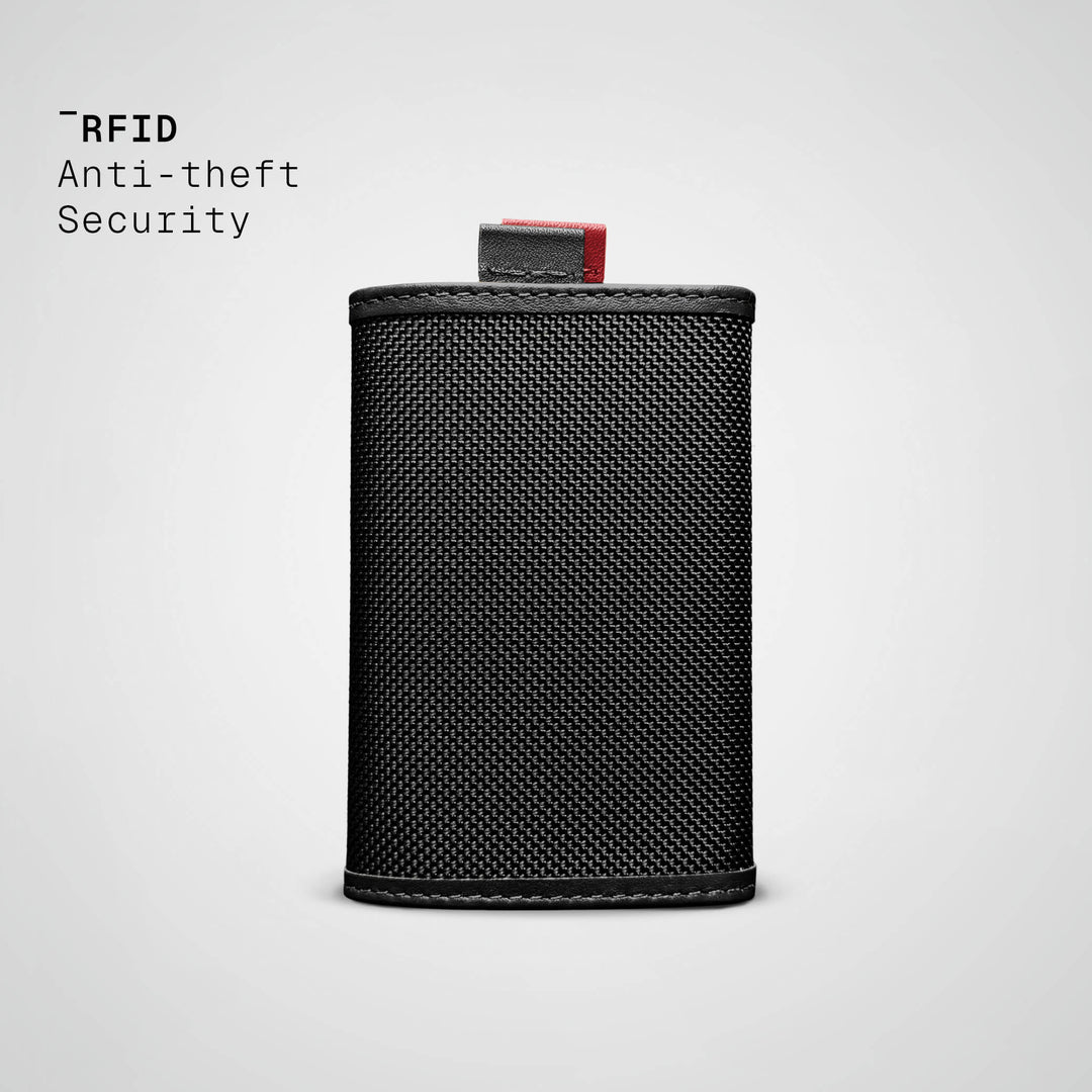 Black wallet with red accent on a light gray background, featuring &