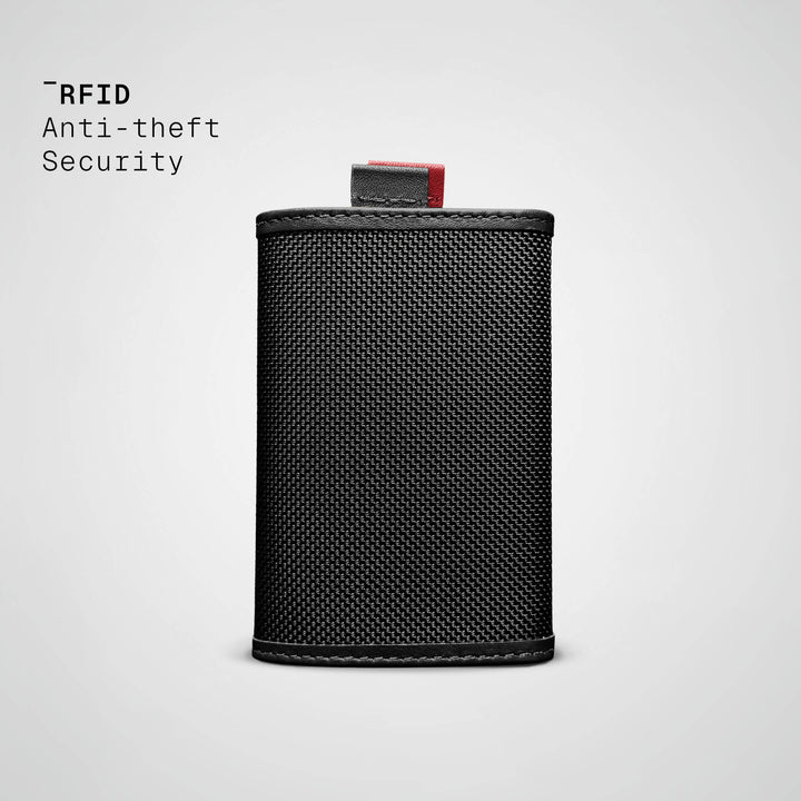 Black wallet with red accent on a light gray background, featuring &