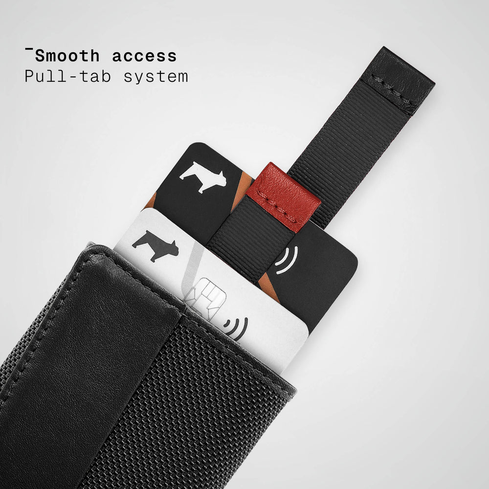 Black wallet with cards and a strap on a white background
