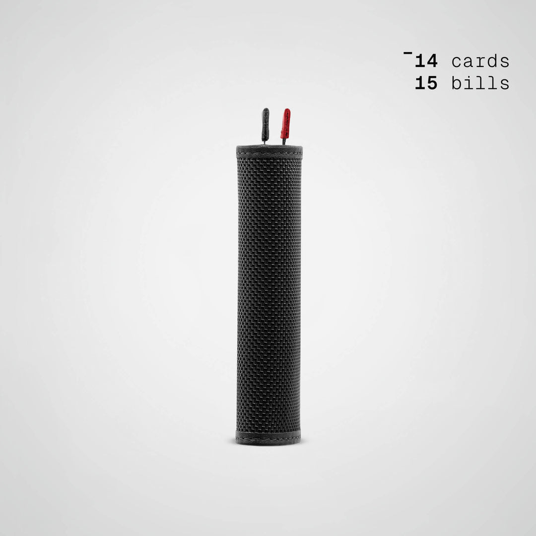 Black wallet with two red straps on a white background