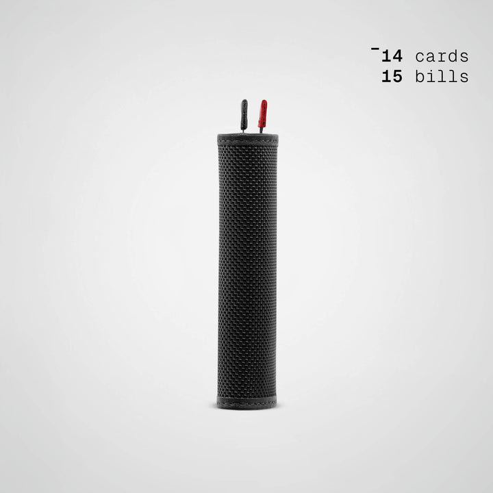 Black wallet with two red straps on a white background