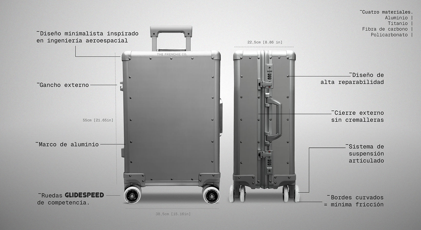 Technical diagram of a silver suitcase with labeled features on a gray background