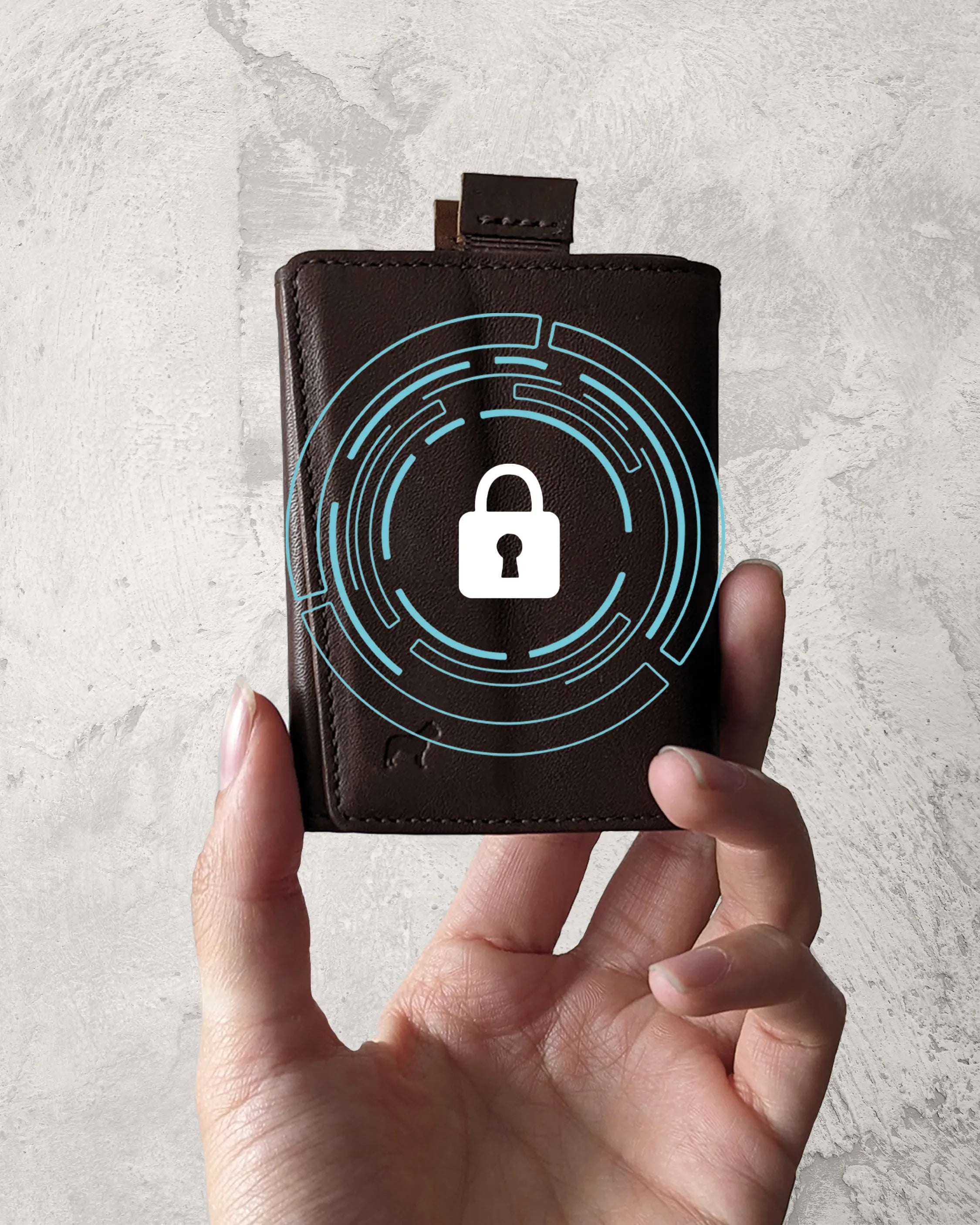 A wallet with built-in RFID protection made of materials that block electromagnetic signals to prevent identity theft